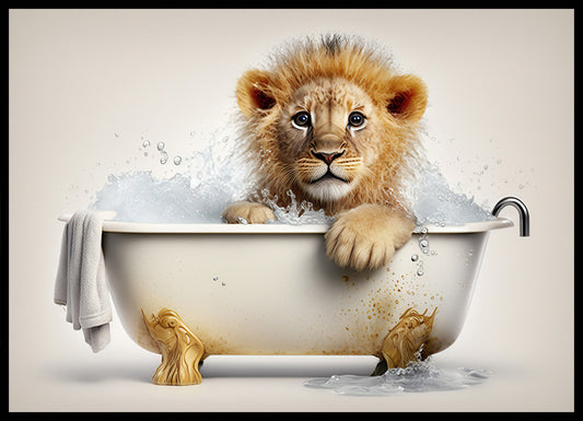 Baby Lion in Bath Digital Nursery Bedroom Artwork Wall Art Decor Poster Prints