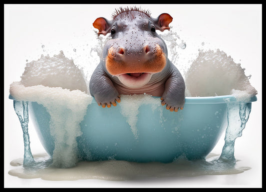 Baby Hippo in Bath Digital Nursery Bedroom Artwork Wall Art Decor Poster Prints
