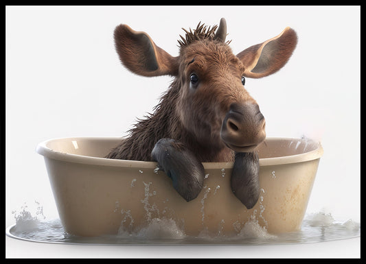 Baby Moose in Bath Digital Nursery Bedroom Artwork Wall Art Decor Poster Prints