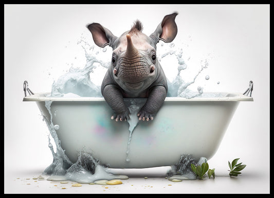 Baby Rhino in Bath Digital Nursery Bedroom Artwork Wall Art Decor Poster Prints