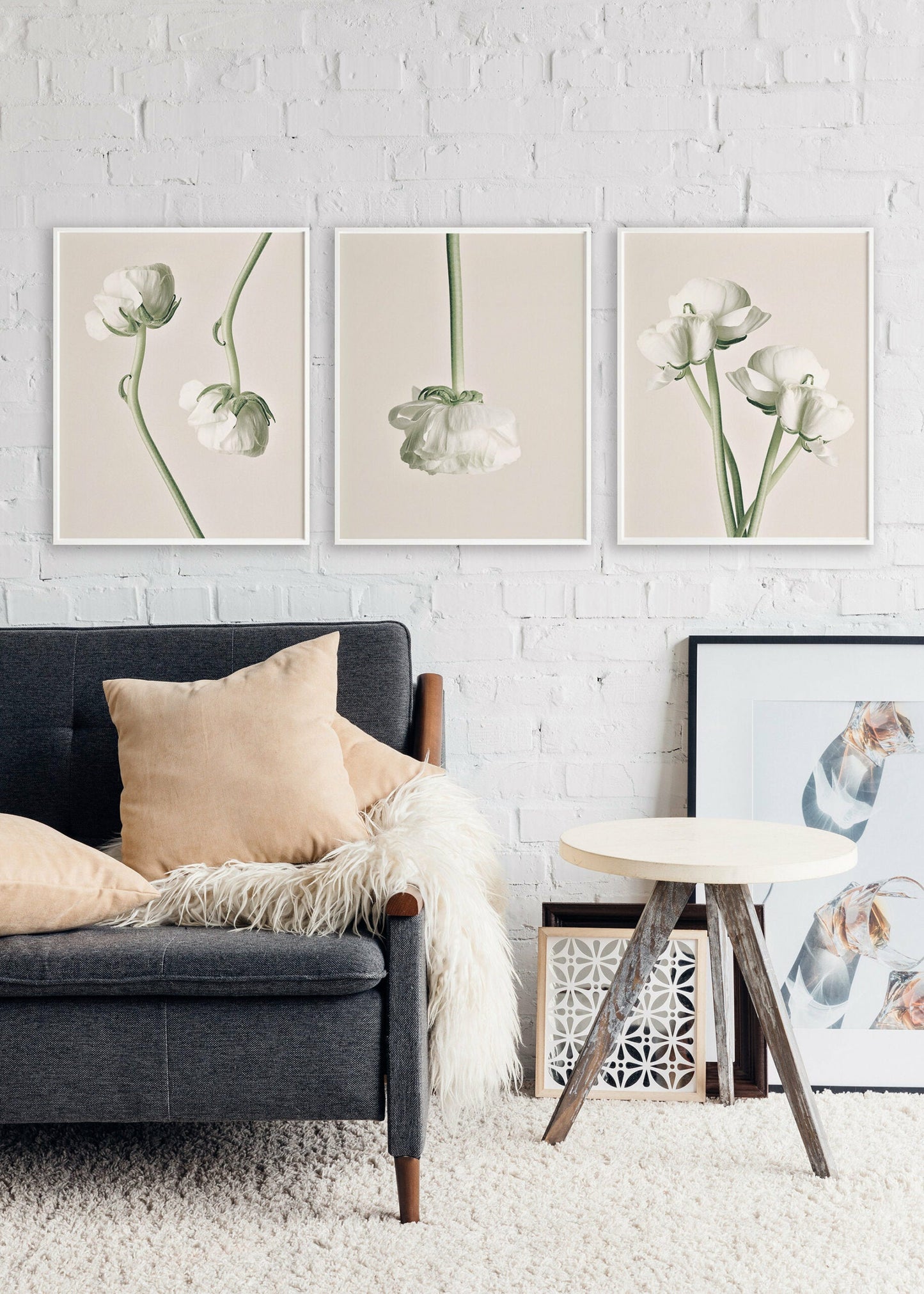 Set of 3 Poster Prints White Peonies, Wall Art Home Decor