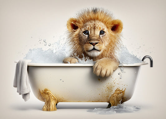 Baby Lion in Bath Digital Nursery Bedroom Artwork Wall Art Decor Poster Prints