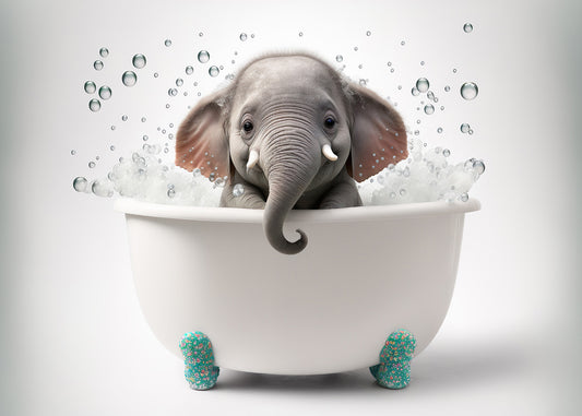 Baby Elephant in Bath Digital Nursery Bedroom Artwork Wall Art Decor Poster Prints