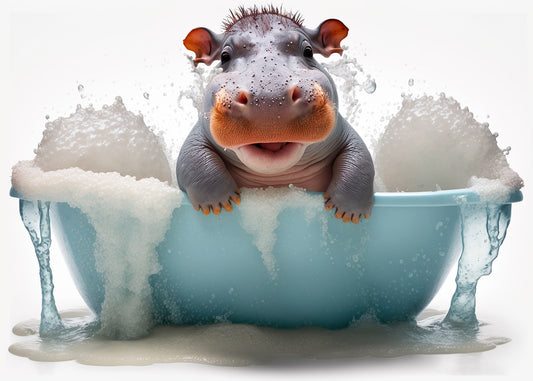 Baby Hippo in Bath Digital Nursery Bedroom Artwork Wall Art Decor Poster Prints