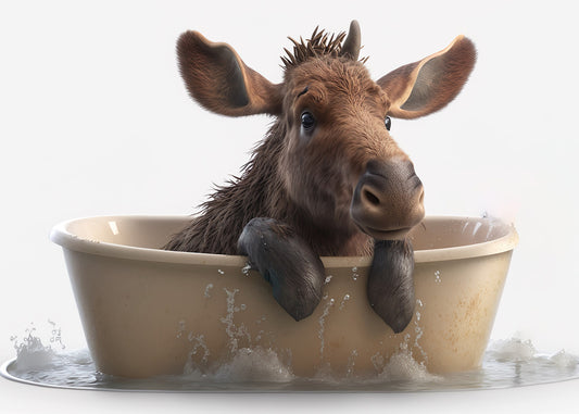 Baby Moose in Bath Digital Nursery Bedroom Artwork Wall Art Decor Poster Prints