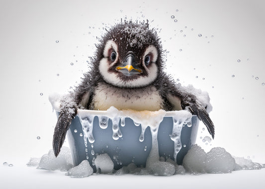 Baby Penguin in Bath Digital Nursery Bedroom Artwork Wall Art Decor Poster Prints