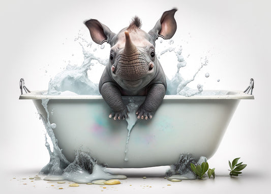 Baby Rhino in Bath Digital Nursery Bedroom Artwork Wall Art Decor Poster Prints