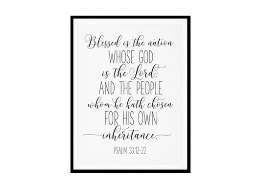 "Blessed is the Nation, Psalm 33:12" Bible Verse Poster Print