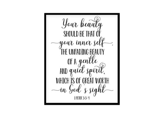 "Your Beauty Should Be That, 1 Peter 3 3-4" Bible Verse Poster Print
