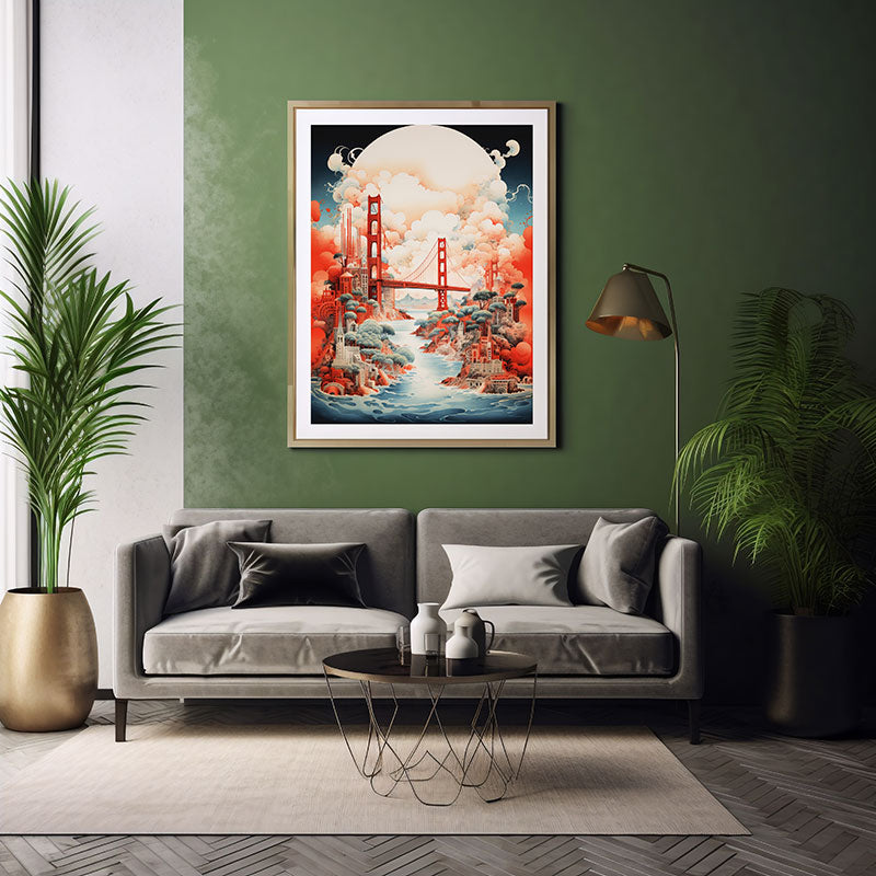 Cityscape Majesty Digital Art San Francisco Golden Gate Bridge, Art Print Home Decor Poster
