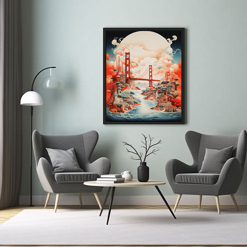Cityscape Majesty Digital Art San Francisco Golden Gate Bridge, Art Print Home Decor Poster