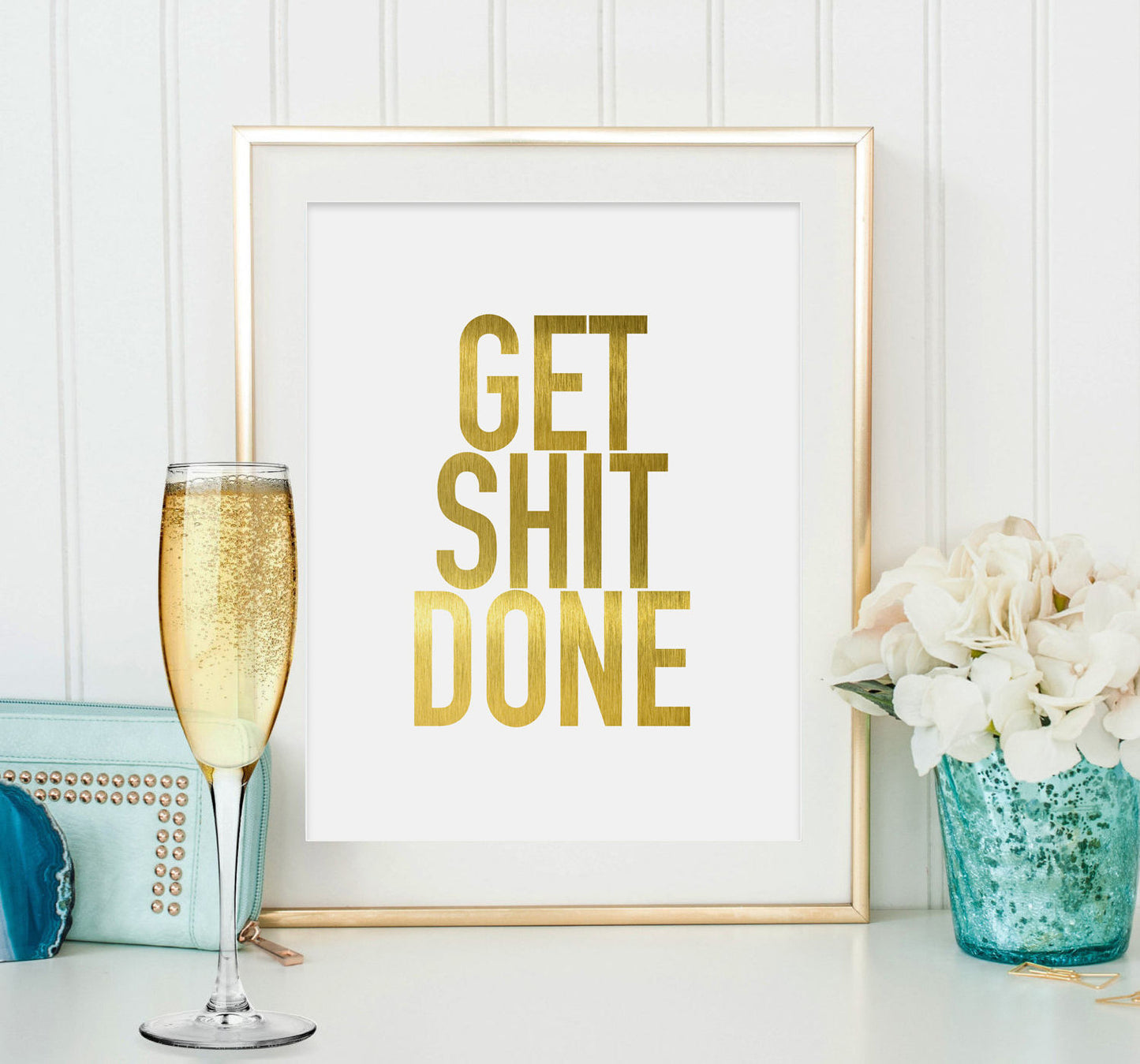 Gold Typography Poster Get Shit Done, Office Decor Quotes, Room Wall Art Decor