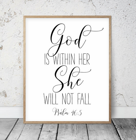 Bible Verse Print, God Is Within Her She Will Not Fall, Psalm 46:5, Bible Nursery Decor Wall Art