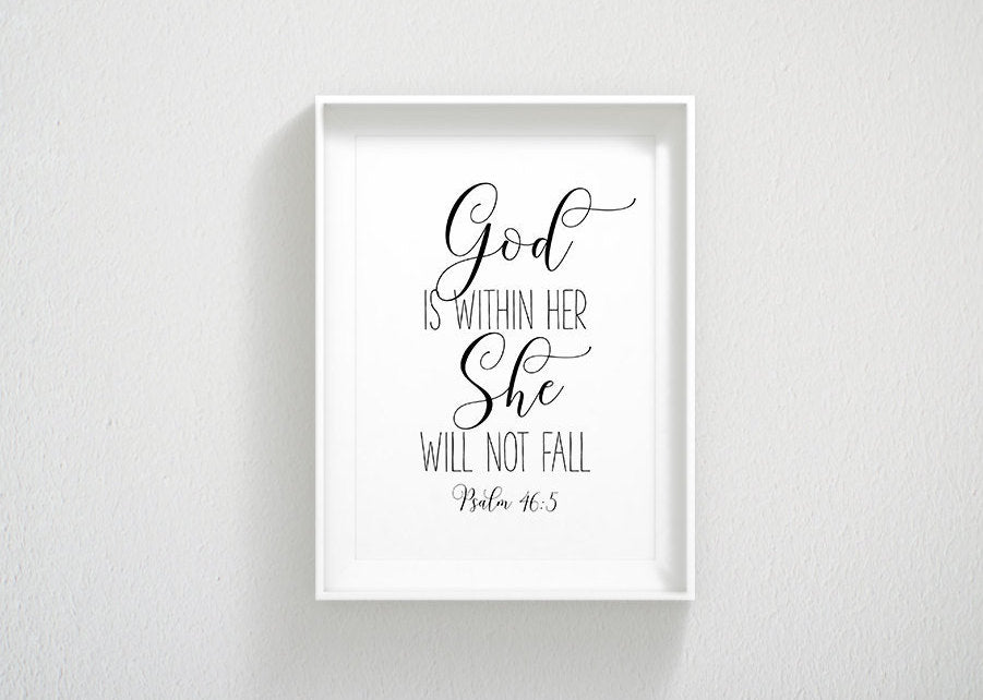 Bible Verse Print, God Is Within Her She Will Not Fall, Psalm 46:5, Bible Nursery Decor Wall Art