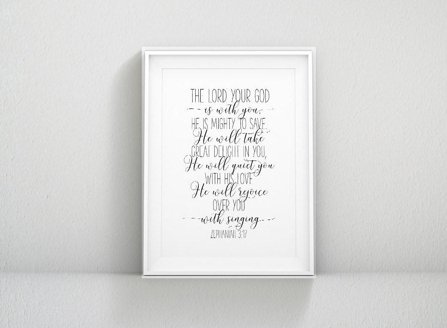 Bible Verse Wall Art The Lord your God is with you Zephaniah 3:17 Faith Quotes