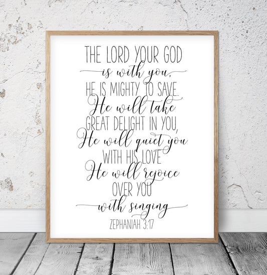 Bible Verse Wall Art The Lord your God is with you Zephaniah 3:17 Faith Quotes