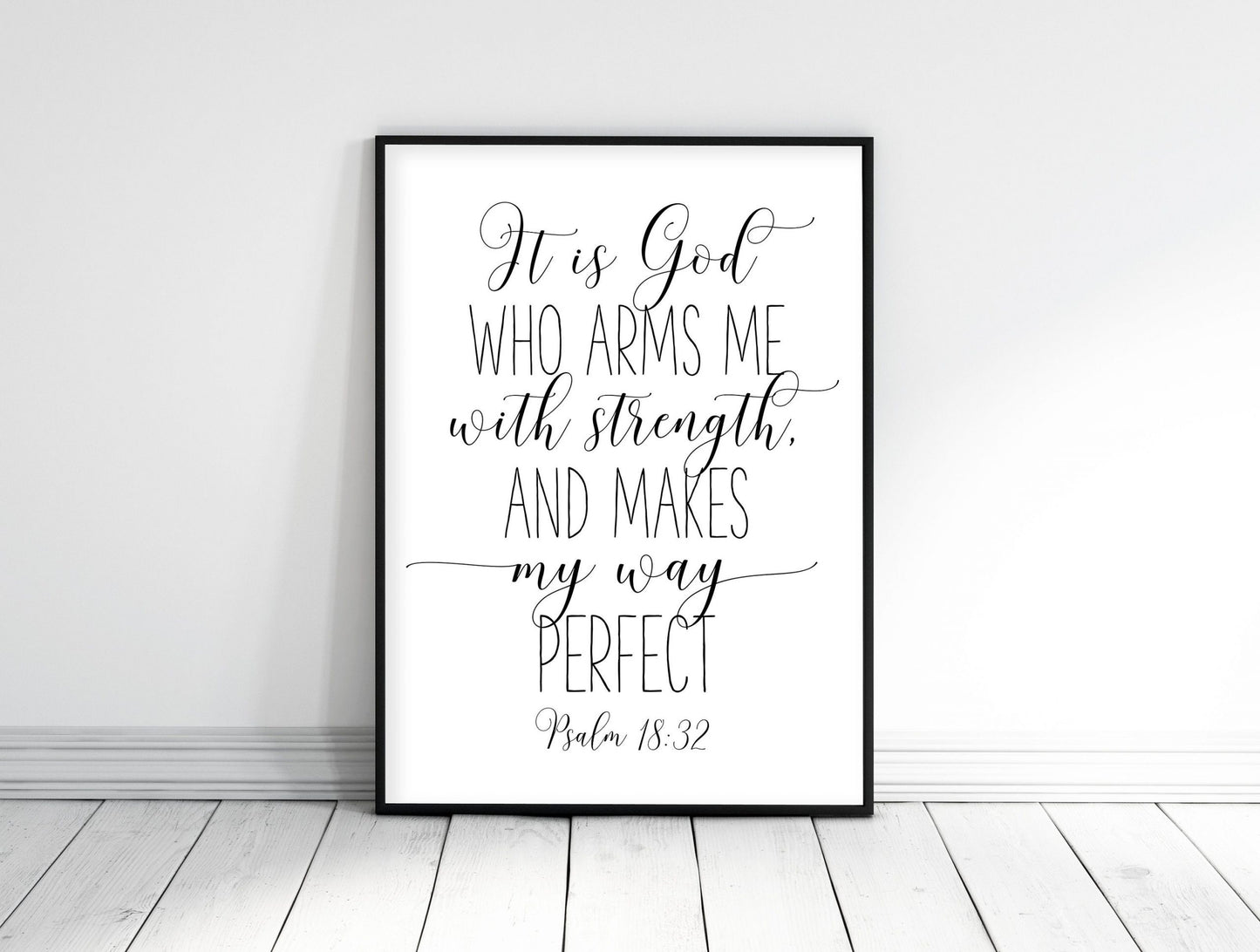 Nursery Bible Verse Prints, It Is God Who Arms Me With Strength, Psalm 18 32, Scripture Wall Art