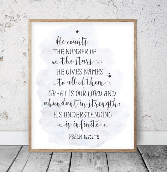 He Counts the Stars, Psalm 147:4, Bible Verse Wall Art, Printable Scripture Art,Nursery Room Prints