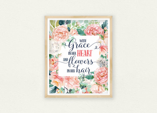 With Grace in Her Heart and Flowers in Her Hair, Pink Green Nursery Art Decor