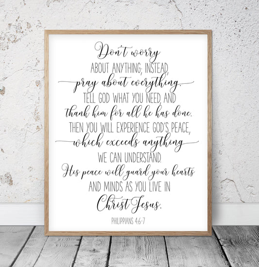 Philippians 4:6-7, Don't Worry About Anything, Bible Verse Printable Wall Art Prints
