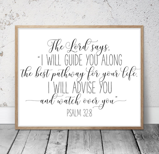 Psalm 32:8, Nursery Bible Verse Printable Art,Scripture Prints, Girls Room Decor Nursery