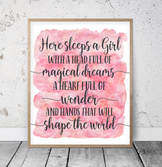 Here Sleeps a Girl With a Head Full of Magical Dreams, Pink Nursery Wall Art