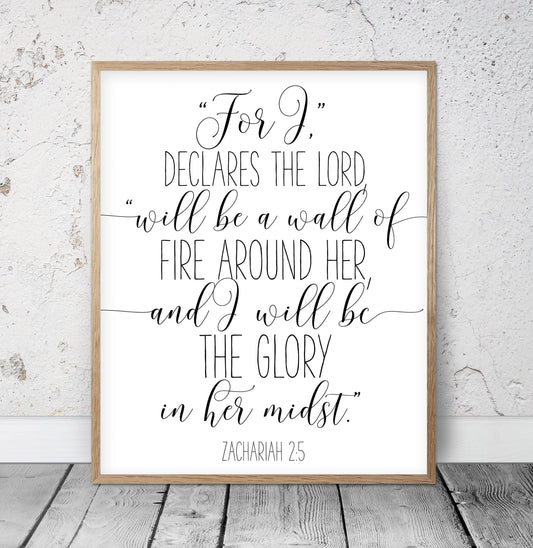 I Will Be A Wall Of Fire Around Her, Zachariah 2:5, Nursery Bible Verse Printable Art, Girls Room