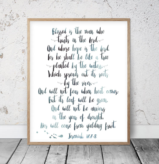Blessed Is The Man Who Trusts In The Lord, Jeremiah 17:7, Scripture Nursery Bible Verse Prints