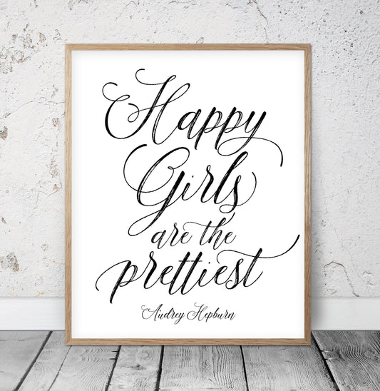 Audrey Hepburn Quote Happy Girls are the Prettiest, Girl Quotes Room Decor