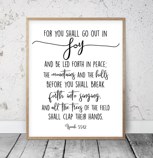 For You Shall Go Out In Joy, Isaiah 55:12, Bible Verse Printable, Lutheran Art, Wall Art Decor