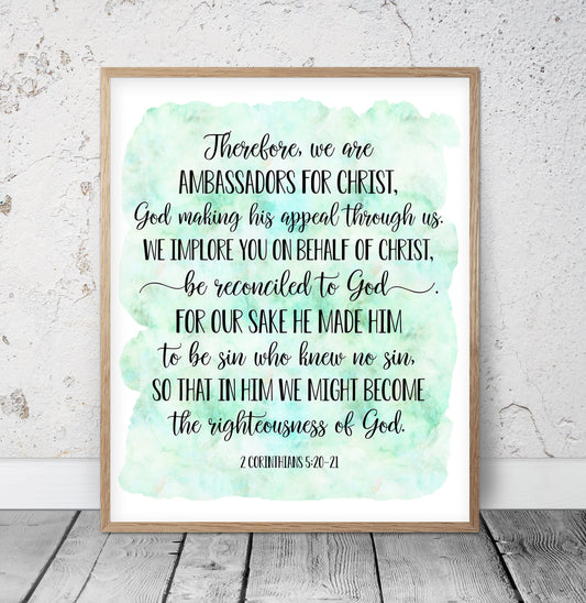 We Are Ambassadors For Christ, 2 Corinthians 5:20, Printable Bible Verses, Scripture Wall Art