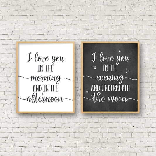 Set of 2, I Love You In The Morning & Afternoon, Nursery Prints, Kids Room Decor