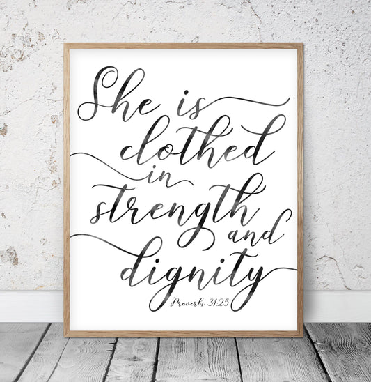 Bible Verse Wall Art She is clothed in strength and dignity, Proverbs 31:25, Christian Wall Art