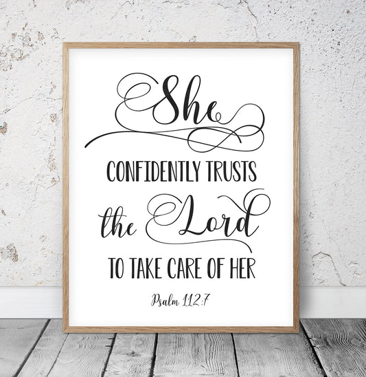 She Confidently Trusts The Lord, Psalm 112:7 Bible Verse Printable Wall Art,Nursery Bible Quotes