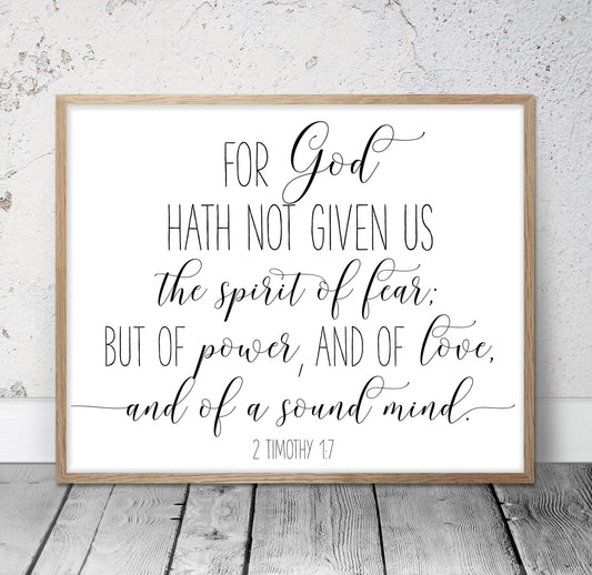 For God Hath Not Given Us, 2 Timothy 1:7, Bible Verse Printable Wall Art, Nursery Bible Quotes