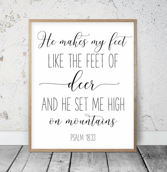 He Makes My Feet Like The Feet Of Deer,Psalm 18:33, Bible Verse Print Wall Art,Nursery Quotes