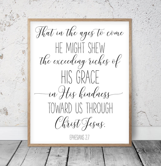 His Grace In His Kindness, Ephesians 2:7, Bible Verse Printable Wall Art, Nursery Bible Quotes