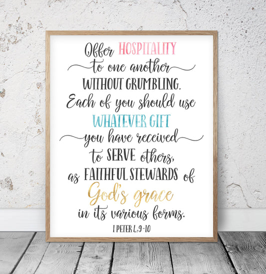 Offer Hospitality To One Another, 1 Peter 4:9-10, Bible Verse Printable, Nursery Decor