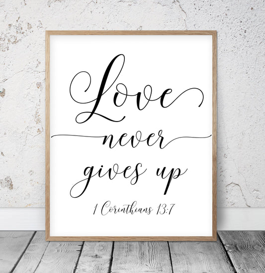 Love Never Gives Up, 1 Corinthians 13:7, Bible Verse Printable Wall Art, Nursery Bible Quotes