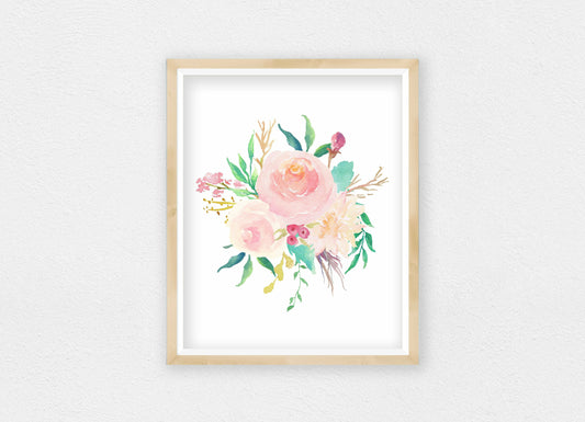 Pink Watercolor Flowers, Nursery Print Wall Art, Pink Peony Bouquet, Girls Room