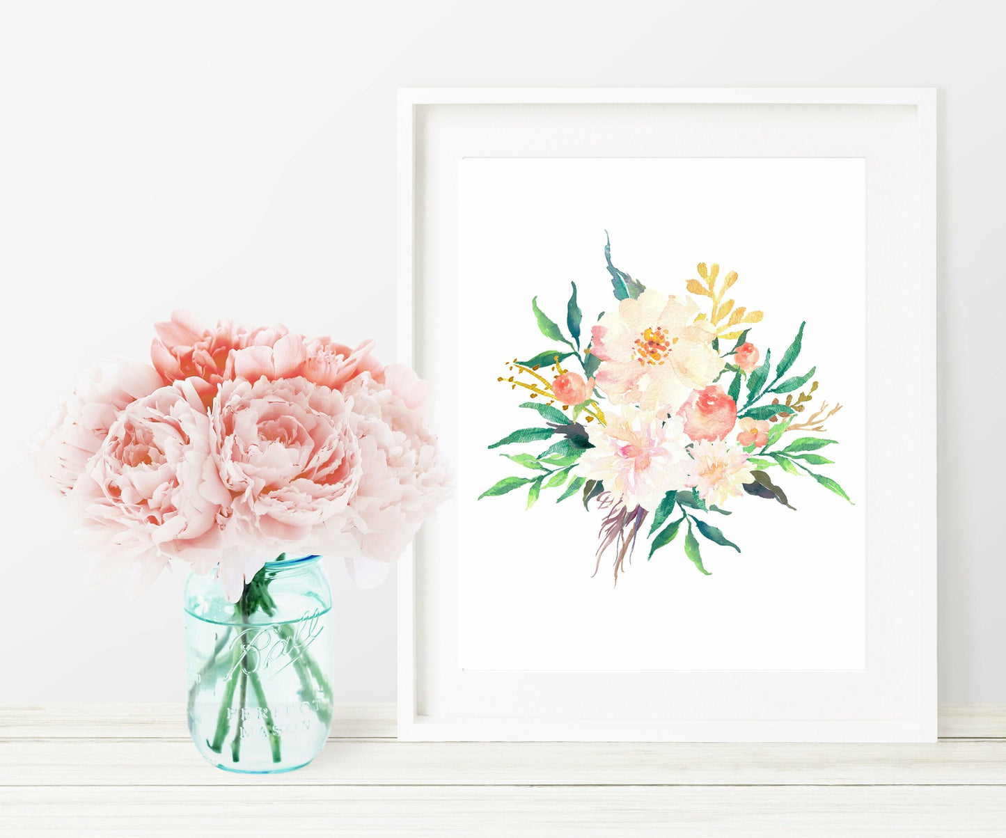 Pink Cream Floral Nursery Wall Decor, Peony Bouquet, Watercolor Floral Prints