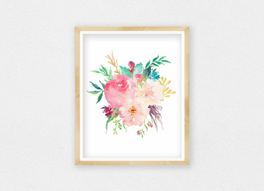 Pink Watercolor Flowers, Nursery Printable Wall Art, Pink Peony Bouquet Decor
