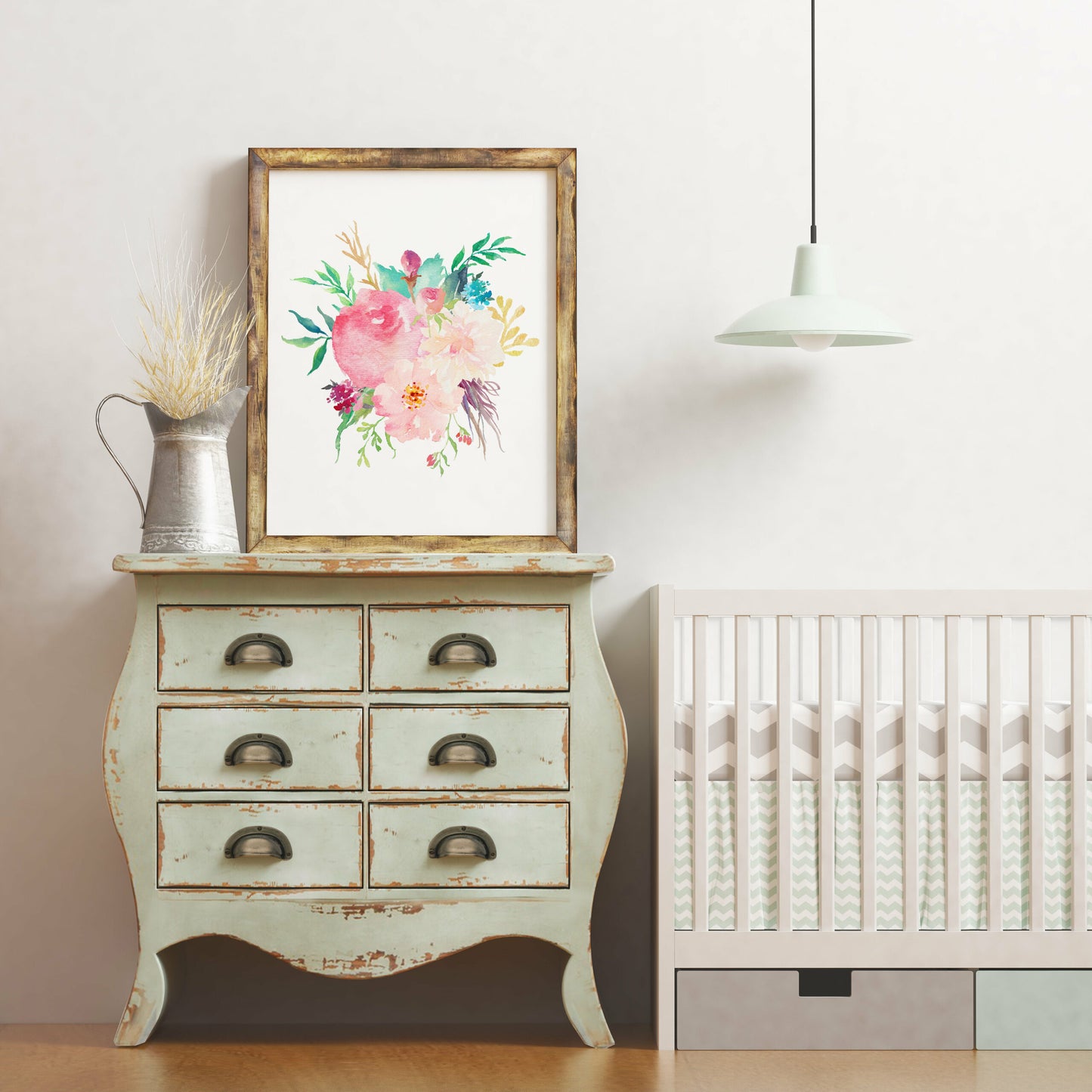 Pink Watercolor Flowers, Nursery Printable Wall Art, Pink Peony Bouquet Decor