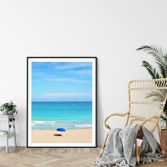 Beach Landscape Print, Blue and Gold Abstract Landscape Art, Home Decor Print