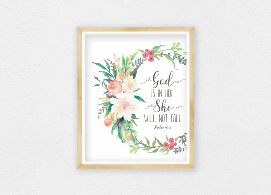 God Is In Her She Will Not Fall, Psalm 46:5,Nursery Bible Verse Print,Wall Art Decor