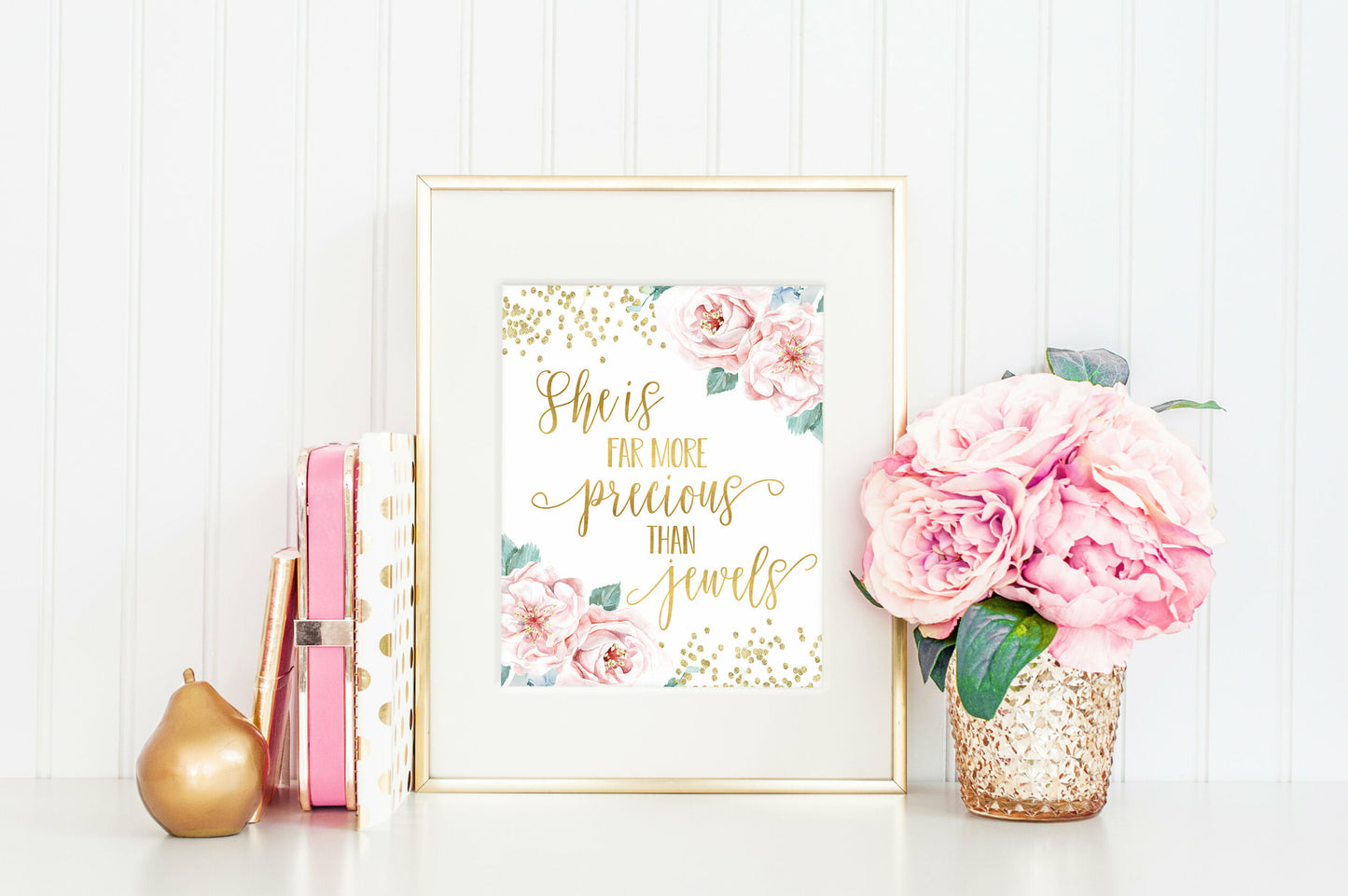 She Is More Precious Than Jewels Printable Nursery Wall Art, Gold Nursery Decor