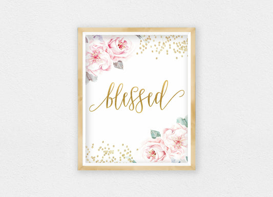 Blessed Printable Nursery Wall Art, Gold Nursery Decor Girl Room Wall Art Gift