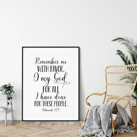 Remember Me With Favor O My God, Nehemiah 5:19, Printable Bible Verses, Scripture Wall Art