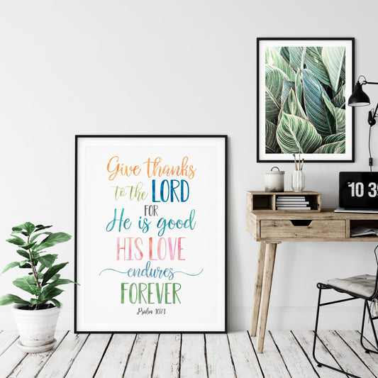 Give Thanks To The Lord, Psalm 107:1, Catholic Prayer, Bible Verse Printable, Nursery Decor Room