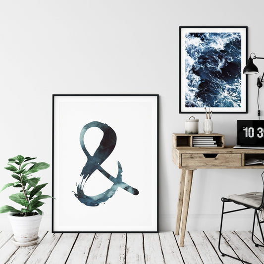 Indigo Blue Ampersand Wall Art, Ampersand Print, Blue Watercolor Art,